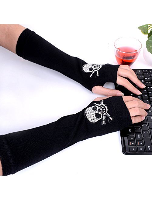 JISEN Women Punk Winter Arm Warmer Knitted Stretchy Soft Fingerless Gloves