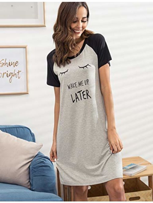 Ekouaer Womens Nightgowns Short Sleeve Sleepwear Printed Night Dress Cute Nightshirts S-XXL