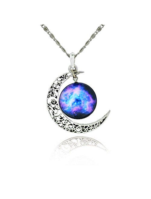 Galaxy & Crescent Cosmic Moon Pendant Necklace, Purple Glass, 17.5'' Chain, Great Gift for Women