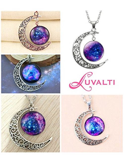 Galaxy & Crescent Cosmic Moon Pendant Necklace, Purple Glass, 17.5'' Chain, Great Gift for Women