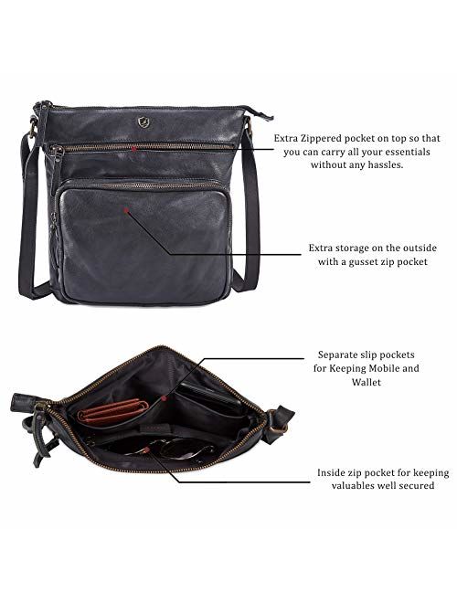 COCHOA Women's Crossbody Real Leather Triple Zip Bag, Purse, Travel Bag