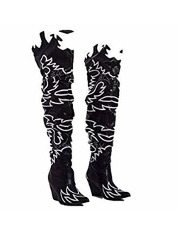 Kelsey-21 Cowboy Boots Women, Over The Knee Western Cowgirl Boots with Chunky Block Heels, Fashion Dress Boots for Women