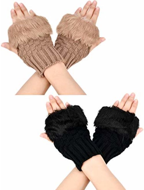 Boao 2 Pairs Fingerless Winter Gloves Short Touchscreen Gloves Thumb Hole Mittens Knitted Warm Gloves with Faux Fur