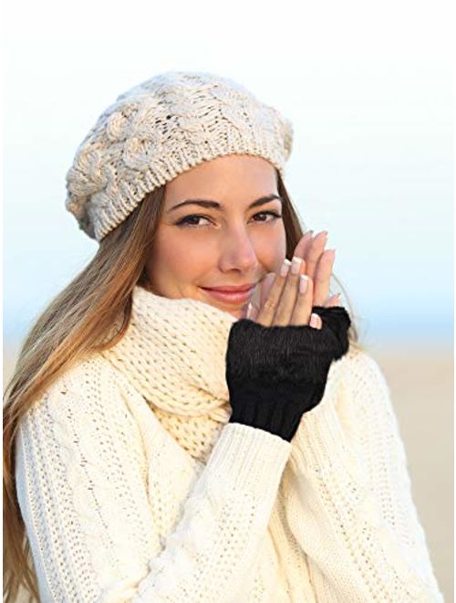 Boao 2 Pairs Fingerless Winter Gloves Short Touchscreen Gloves Thumb Hole Mittens Knitted Warm Gloves with Faux Fur