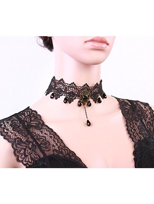 Charm.L Grace Black Lace Gothic Lolita Pendant Choker Necklace Earrings Set