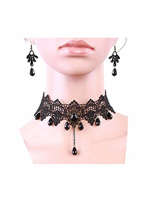 Charm.L Grace Black Lace Gothic Lolita Pendant Choker Necklace Earrings Set