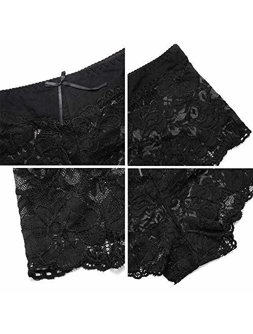 Women's Lace Underwear Plus Size Boyshort Panties Sexy Sheer Hipster Panty for Ladies, Pack- 6 Size S-5XL