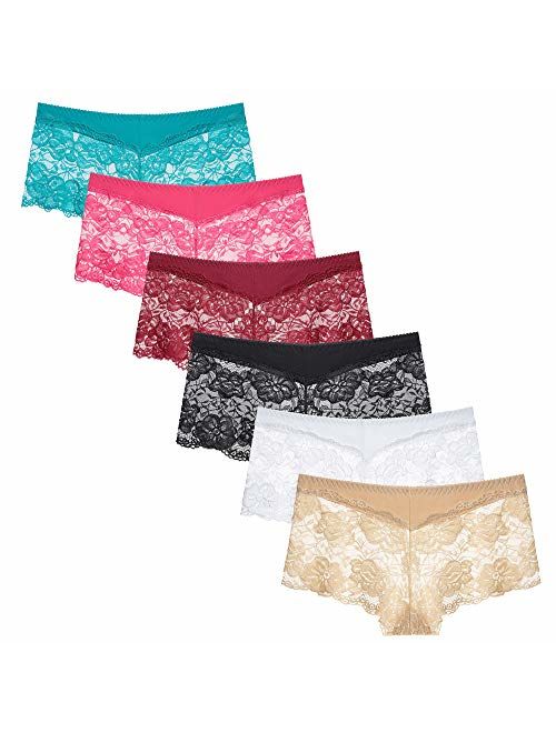 Women's Lace Underwear Plus Size Boyshort Panties Sexy Sheer Hipster Panty for Ladies, Pack- 6 Size S-5XL