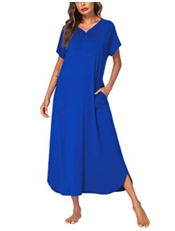 Long Nightgown,Womens Loungewear Short Sleeve Sleepwear Full Length Sleep Shirt with Pockets