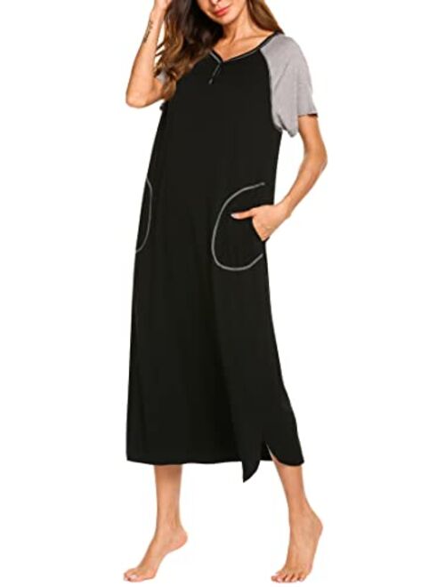 Ekouaer Long Nightgown,Womens Loungewear Short Sleeve Sleepwear Full Length Sleep Shirt with Pockets