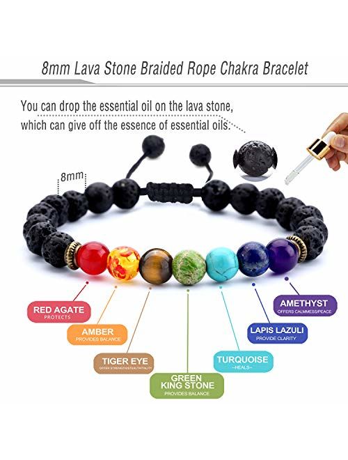 Hamoery Men Women 8mm Lava Rock 7 Chakras Aromatherapy Essential Oil Diffuser Bracelet Braided Rope Natural Stone Yoga Beads Bracelet Bangle