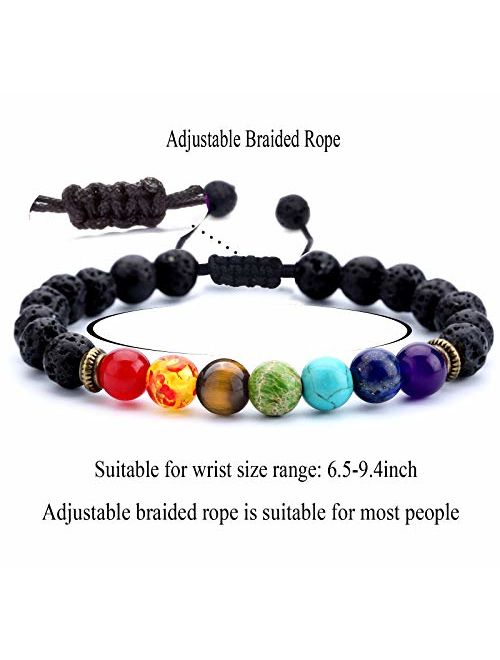 Hamoery Men Women 8mm Lava Rock 7 Chakras Aromatherapy Essential Oil Diffuser Bracelet Braided Rope Natural Stone Yoga Beads Bracelet Bangle