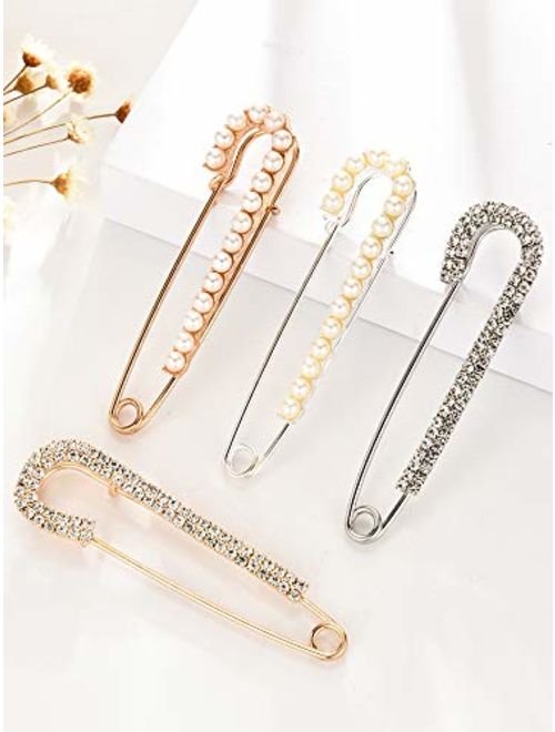 Boao 4 Pieces Women Brooch Pins Sweater Shawl Clips Faux Crystal and Pearl Brooches, 2 Styles