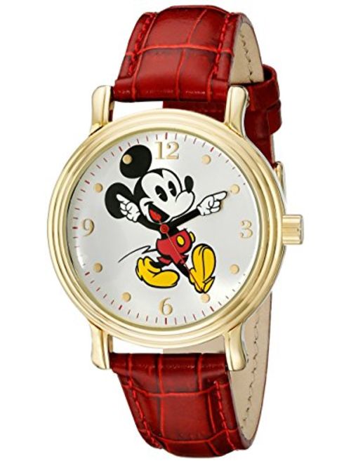 Disney Women's W001870 Mickey Mouse Gold-Tone Watch with Red Faux Leather Band