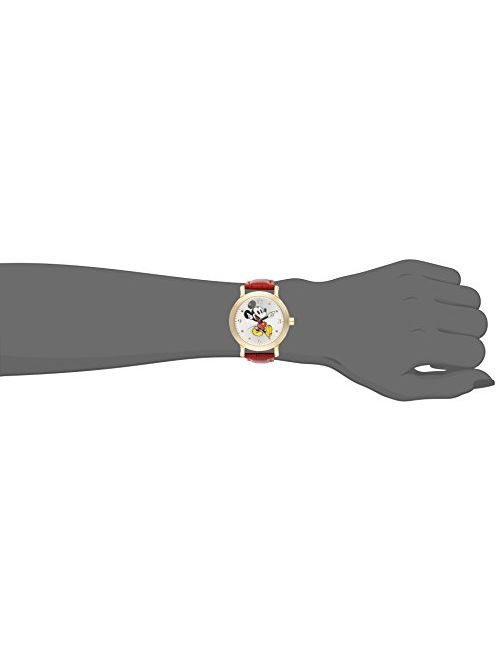 Disney Women's W001870 Mickey Mouse Gold-Tone Watch with Red Faux Leather Band