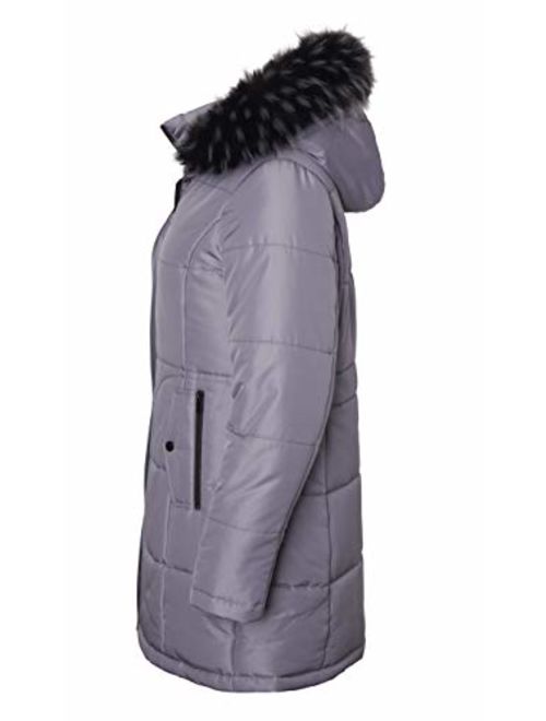 Women's Long Quilted Down Alternative Vestee Puffer Jacket Fur Trim Plush Hood