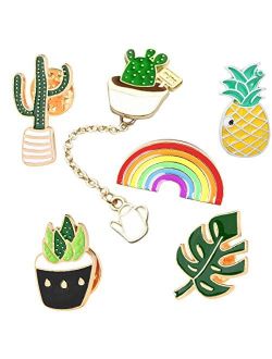 GuassLee Cute Enamel Lapel Pin Set - 6pcs Cartoon Brooch Pin Badges for Clothes Bags Backpacks - Rainbow Cactus Succulent Leaves Pineapple