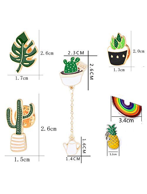 GuassLee Cute Enamel Lapel Pin Set - 6pcs Cartoon Brooch Pin Badges for Clothes Bags Backpacks - Rainbow Cactus Succulent Leaves Pineapple