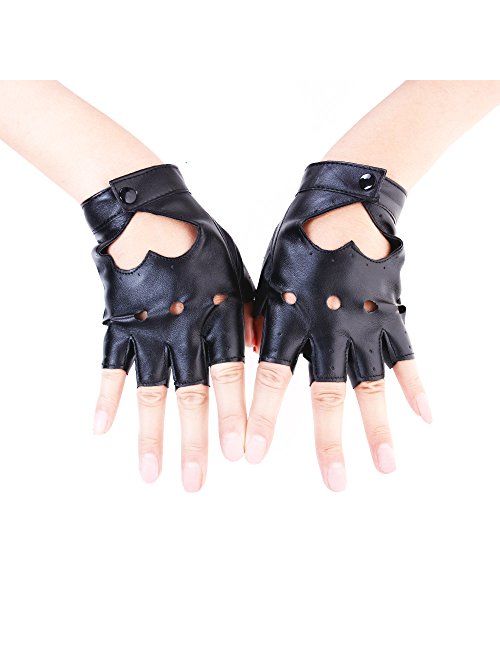 JISEN Women Heart Cutout Punk Half Finger PU Leather Performance Gloves