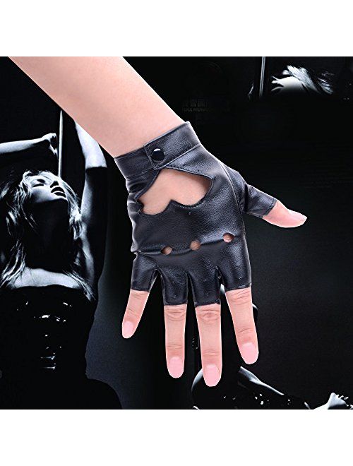 JISEN Women Heart Cutout Punk Half Finger PU Leather Performance Gloves