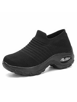 DUOYANGJIASHA Womens Comfortable Walking Shoes Breathable Mesh Slip On Air Cushion Tennis Sock Sneakers Shoe Casual Running Shoes Wedge Platform Loafers