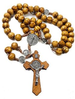 Nazareth Store Wood Beads Rosary Necklace Saint Benedict Medal & Catholic Cross Religious Prayer Chaplet String Handmade - Velvet Bag