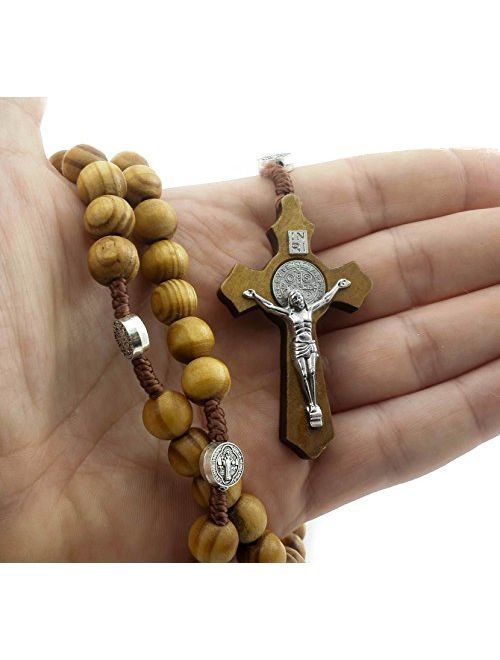Nazareth Store Wood Beads Rosary Necklace Saint Benedict Medal & Catholic Cross Religious Prayer Chaplet String Handmade - Velvet Bag