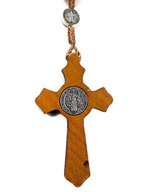 Nazareth Store Wood Beads Rosary Necklace Saint Benedict Medal & Catholic Cross Religious Prayer Chaplet String Handmade - Velvet Bag