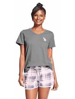 Womens 2 Piece Cap Sleeve Shirt Elastic Waist Pajama Shorts Set Charcoal Heather Cloud Large