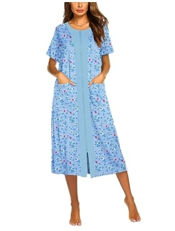 Zipper Front Housecoat Short Sleeve & Half Sleeve Zip Nightgown Long Housedress with Pockets