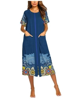 Zipper Front Housecoat Short Sleeve & Half Sleeve Zip Nightgown Long Housedress with Pockets