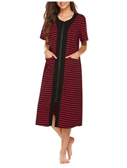 Zipper Front Housecoat Short Sleeve & Half Sleeve Zip Nightgown Long Housedress with Pockets