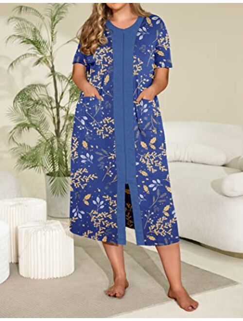 Ekouaer Zipper Front Housecoat Short Sleeve & Half Sleeve Zip Nightgown Long Houedress with Pockets 