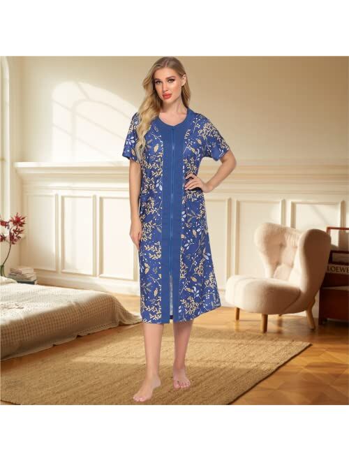 Ekouaer Zipper Front Housecoat Short Sleeve & Half Sleeve Zip Nightgown Long Housedress with Pockets