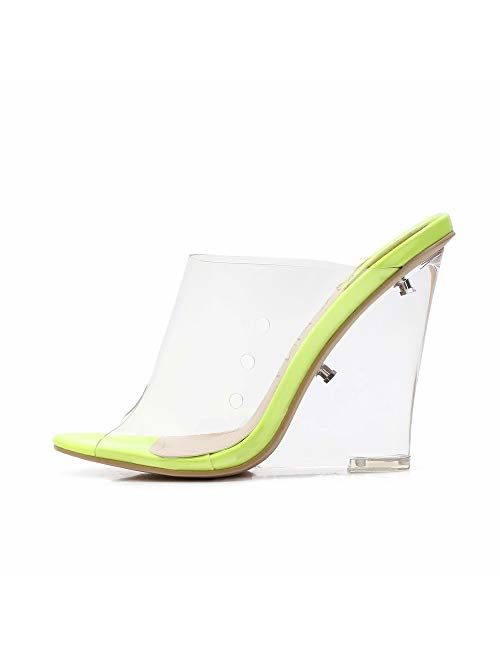 MACKIN J 405-1 Women's Lucite Clear Wedge Heel Open Toe Slip On Mule Dress Shoes