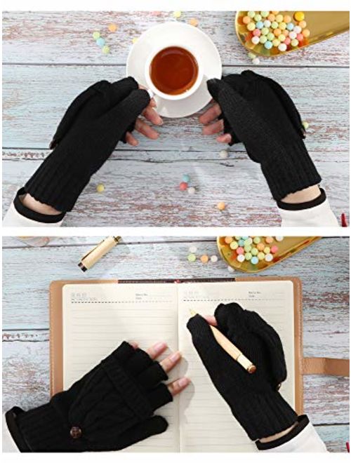 Tatuo 2 Pairs Women Fingerless Mittens Winter Convertible Gloves Knitted Half Finger Gloves with Cover