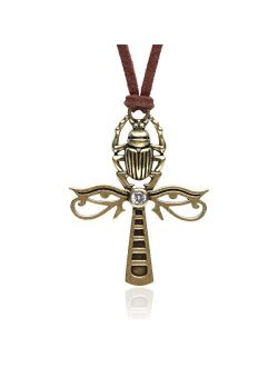 Karsee Egyptian Ankh Cross Pendant Necklace Horus Eye and Scarab Jewelry Gifts Leather Cord Adjustable