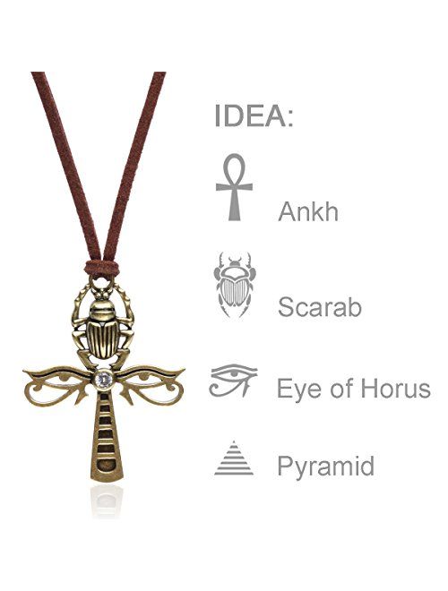 Karsee Egyptian Ankh Cross Pendant Necklace Horus Eye and Scarab Jewelry Gifts Leather Cord Adjustable