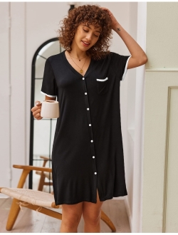 Short Sleeve Nightgowns for Women, Cute Pajama Top Buttom Down Sleep Shirt Dress