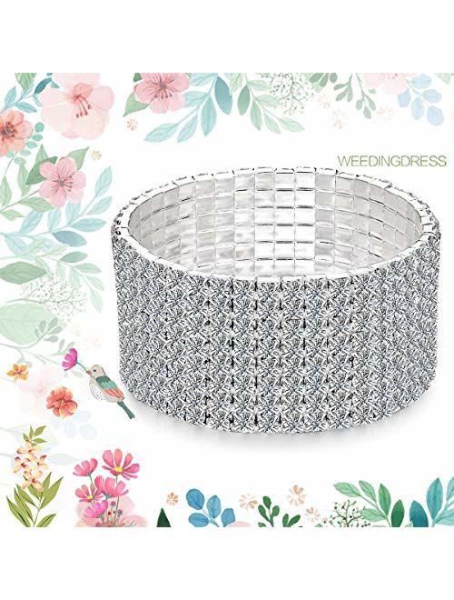 JEWMAY Yumei Jewelry 8 Strand Rhinestone Stretch Bracelet Silver-Tone Sparking Tennis Bracelet