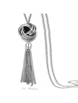 Long Tassel Necklace Silver Tone Lovely Knot Tassel Pendant Knot Snake Chain for Women