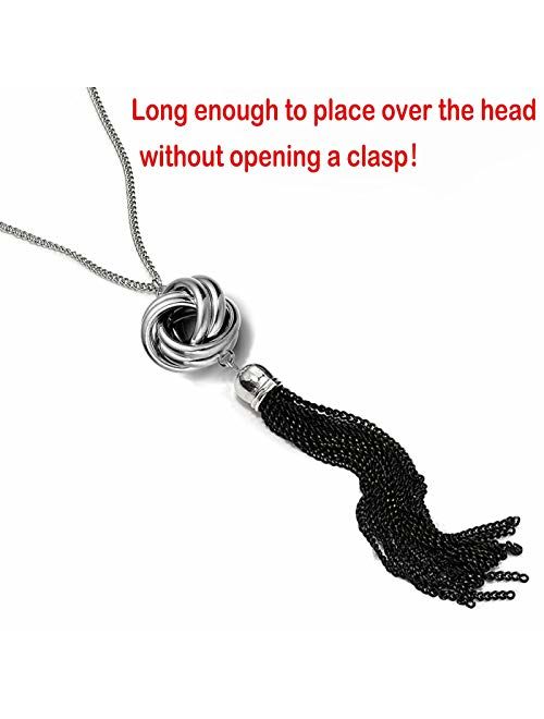 Long Tassel Necklace Silver Tone Lovely Knot Tassel Pendant Knot Snake Chain for Women