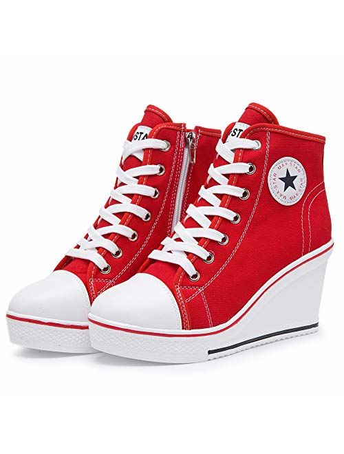 Hurriman Women's Wedge Sneakers High Heel Canvas Shoes Lace up High Top Side Zipper Fashion Sneakers