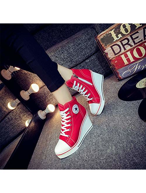 Hurriman Women's Wedge Sneakers High Heel Canvas Shoes Lace up High Top Side Zipper Fashion Sneakers