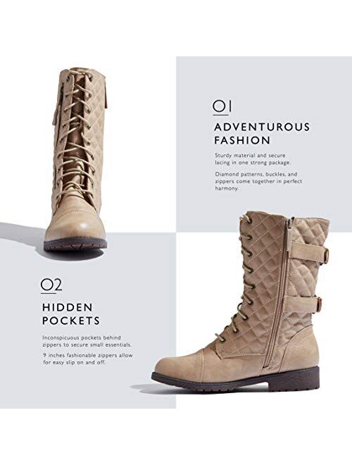 DailyShoes Women's Military Lace Up Buckle Combat Boots Mid Knee High Exclusive Quilted Credit Card Pocket