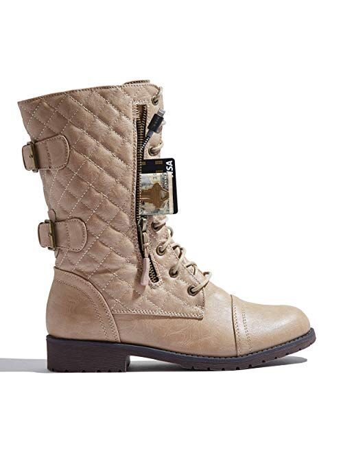 DailyShoes Women's Military Lace Up Buckle Combat Boots Mid Knee High Exclusive Quilted Credit Card Pocket
