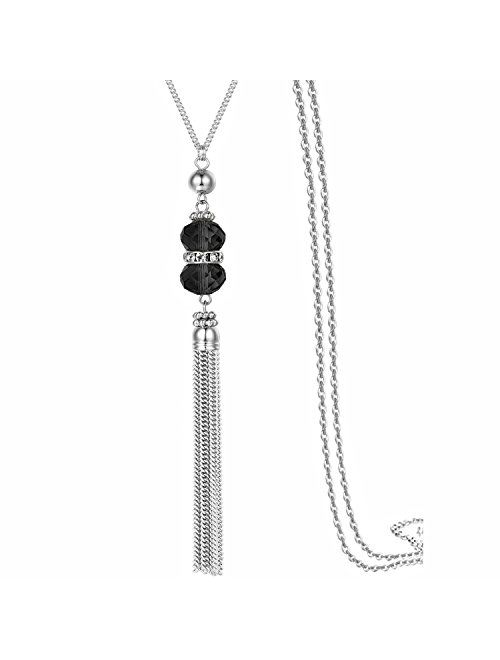 Double Crystal Long Tassels Sweater Chain Pendant Necklace Mother Gift Jewelry 32"