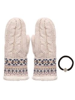 Women's Winter Warm Cable Knitted Mitten Plush Lining Gloves with Hair Tie.