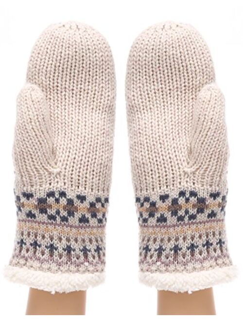 Women's Winter Warm Cable Knitted Mitten Plush Lining Gloves with Hair Tie.