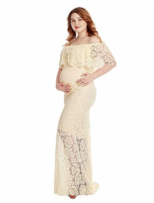 Women's Off Shoulder Short Sleeve Ruffles Lace Maternity Gown Maxi Photography Dress